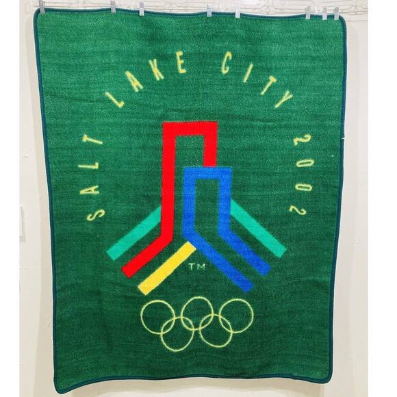 RARE Cannon USA OLYMPICS BLANKET THROW Salt Lake City Utah Plush Green Soft 2002 - Picture 1 of 11